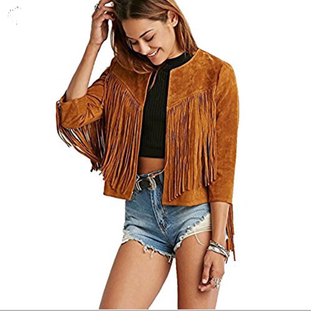 HaoDuoYi Faux Leather Tassel Crop Jacket